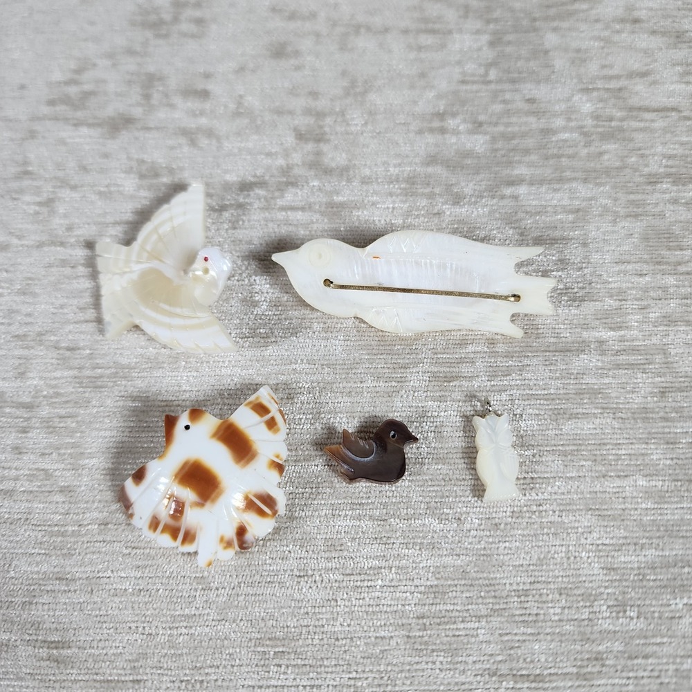 Natural Shell Bird Jewelry Lot Of 5 Pin Pendant Beads Boho Crafts